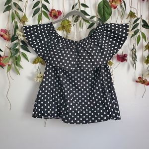 Unique Vintage 1950s White & Black Polka Dot Off Shoulder Ruffle Top Large
